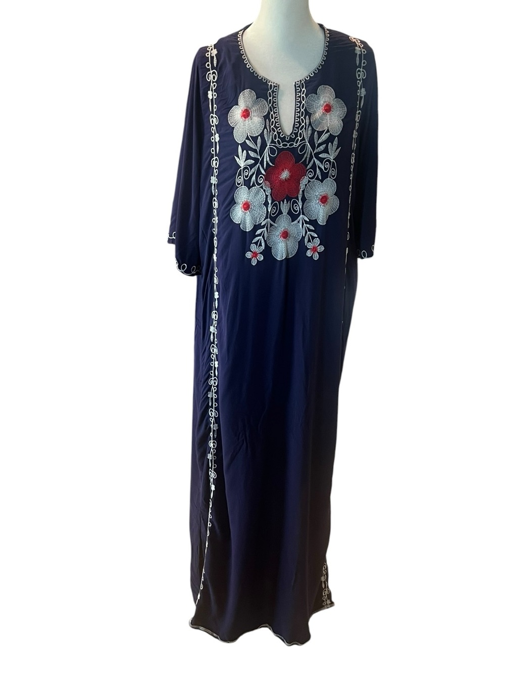 Boho Chic Floral Embroidered Kaftan Maxi Dress Navy Blue Small EUC